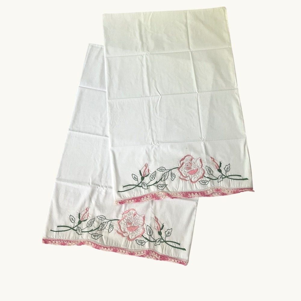 Handmade Pillowcase Pair White Pink Rose Floral Embroidered Crochet Trim 20x30
